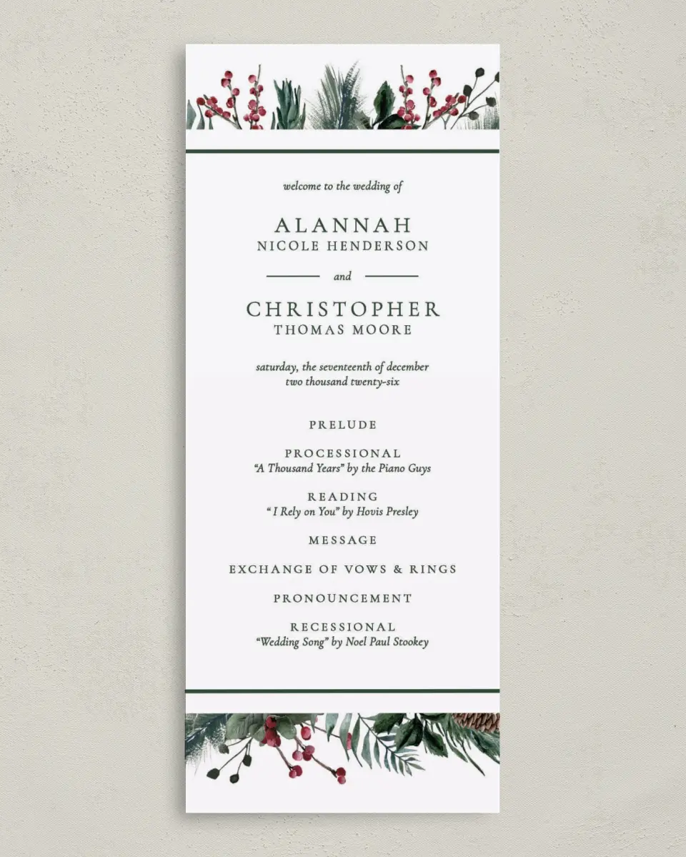 This is a 3⅝" x 8⅞" Tea-length Wedding Program called Festive Celebration printed in full color on Premium Smooth paper
