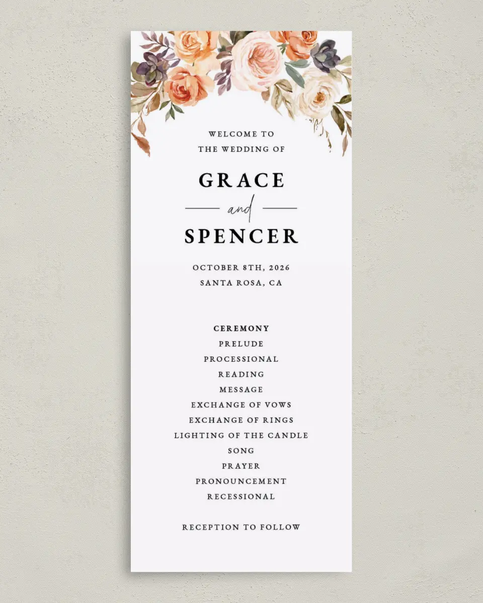 This is a 3⅝" x 8⅞" Tea-length Wedding Program called Romantic Garden printed in full color on Premium Smooth paper