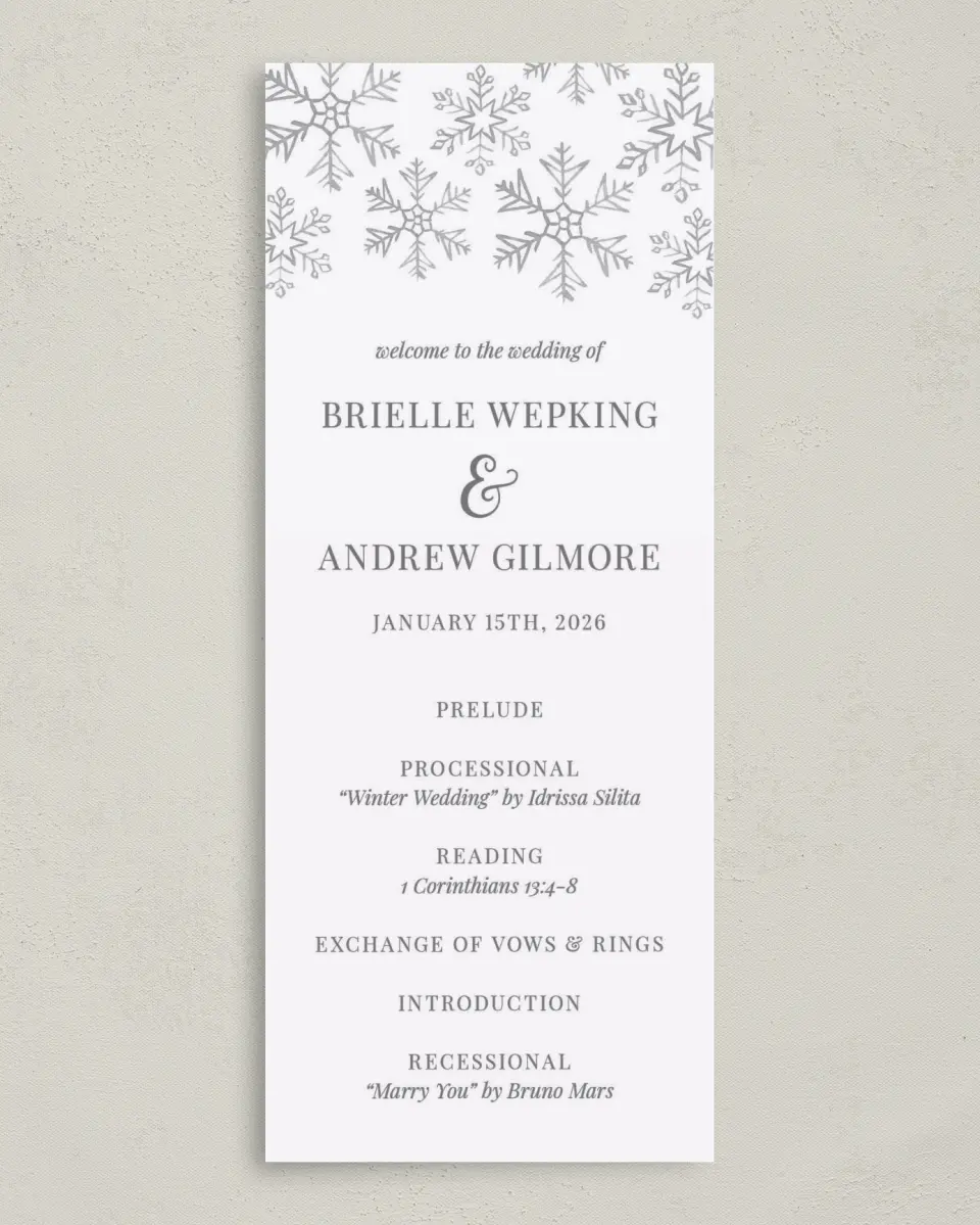 This is a 3⅝" x 8⅞" Tea-length Wedding Program called Sweet Snowflakes printed in full color on Premium Smooth paper
