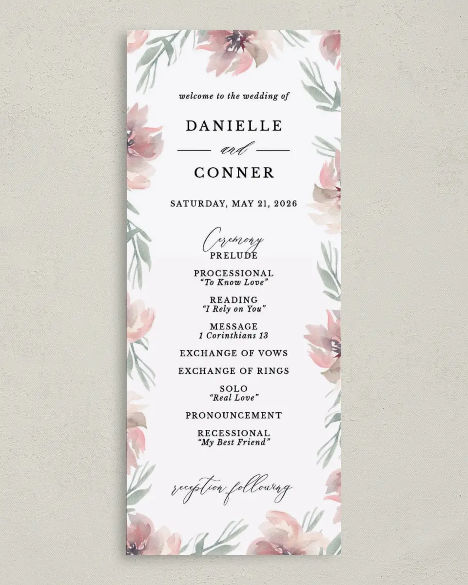 This is a 3⅝" x 8⅞" Tea-length Wedding Program called Soft Florals printed in full color on Premium Smooth paper