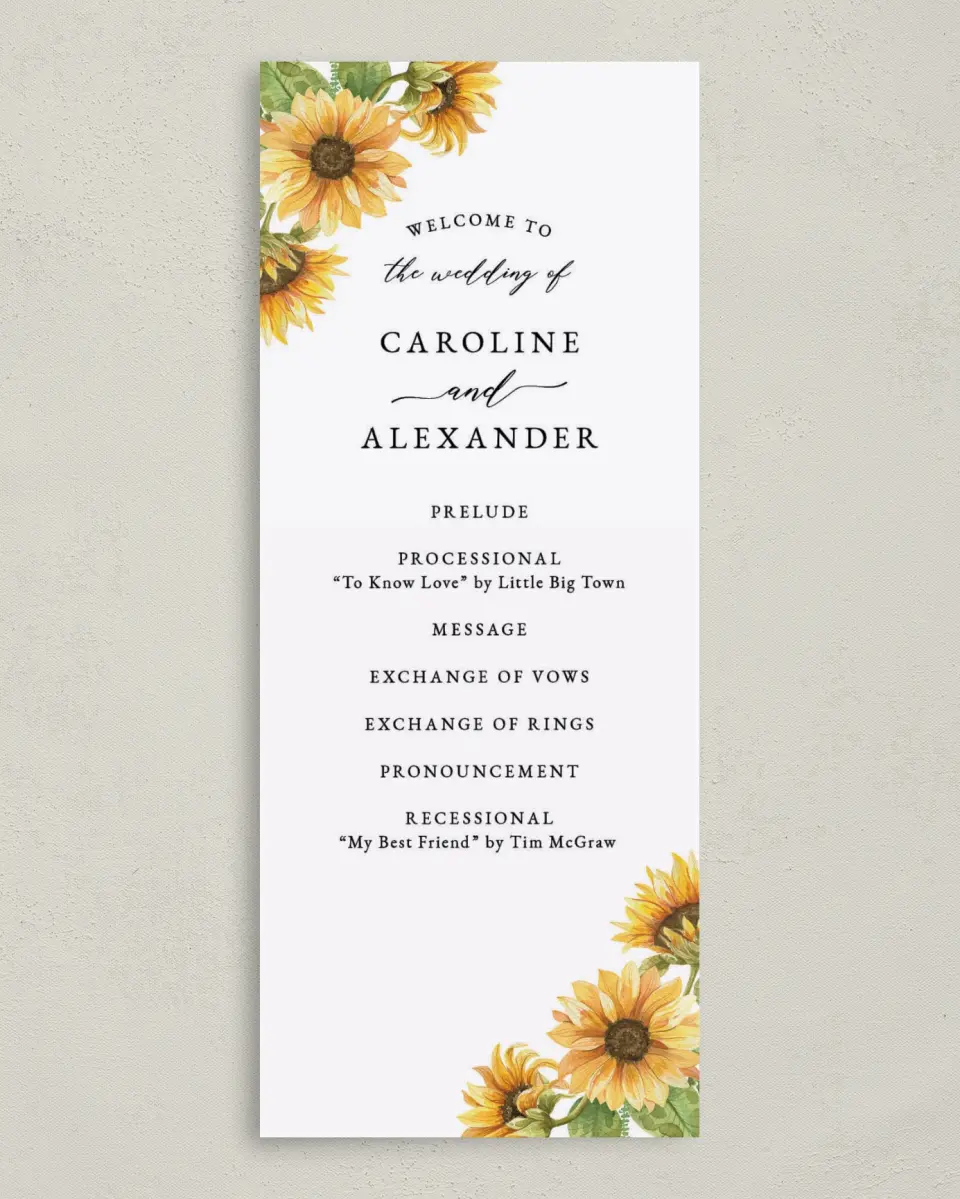 This is a 3⅝" x 8⅞" Tea-length Wedding Program called Sunflower Bliss printed in full color on Premium Smooth paper