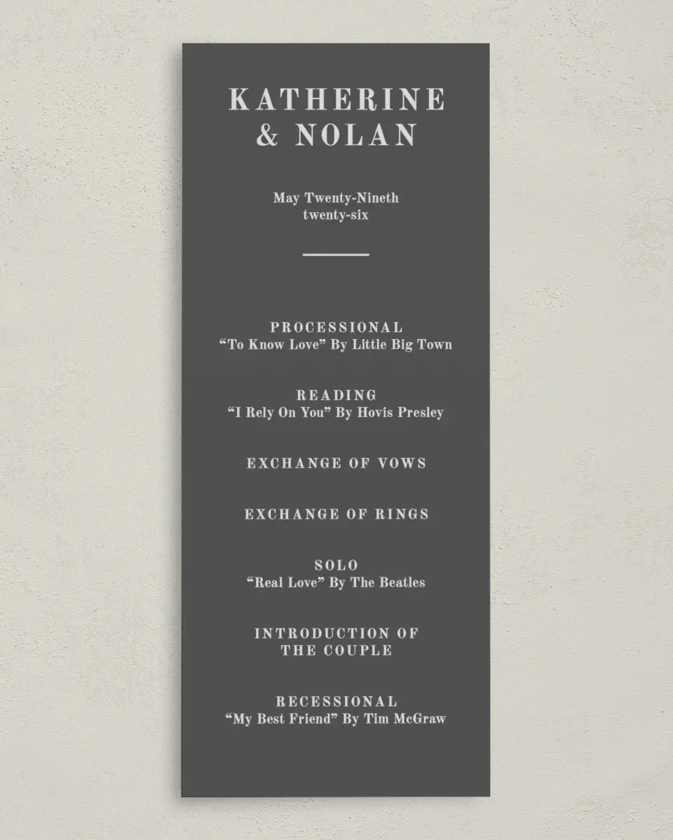 This is a 3⅝" x 8⅞" Tea-length Wedding Program called Glory Day printed in full color on Premium Smooth paper