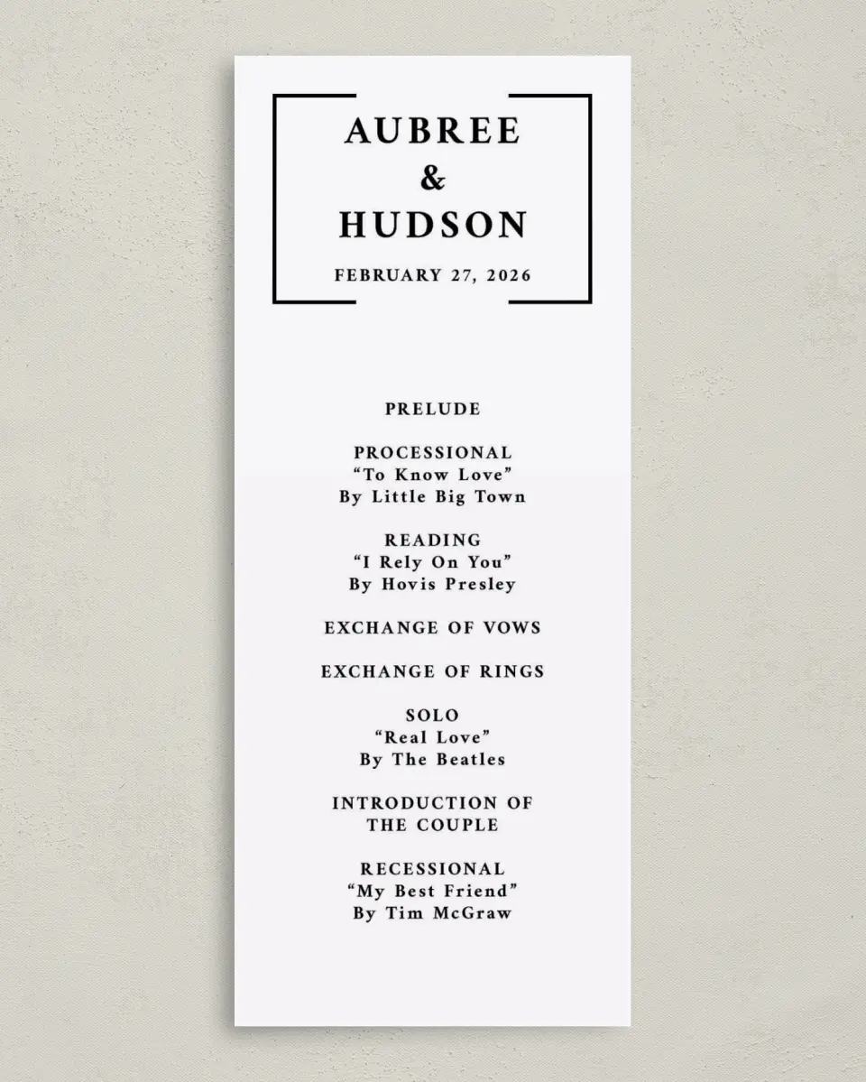 This is a 3⅝" x 8⅞" Tea-length Wedding Program called Bright Brace printed in full color on Premium Smooth paper