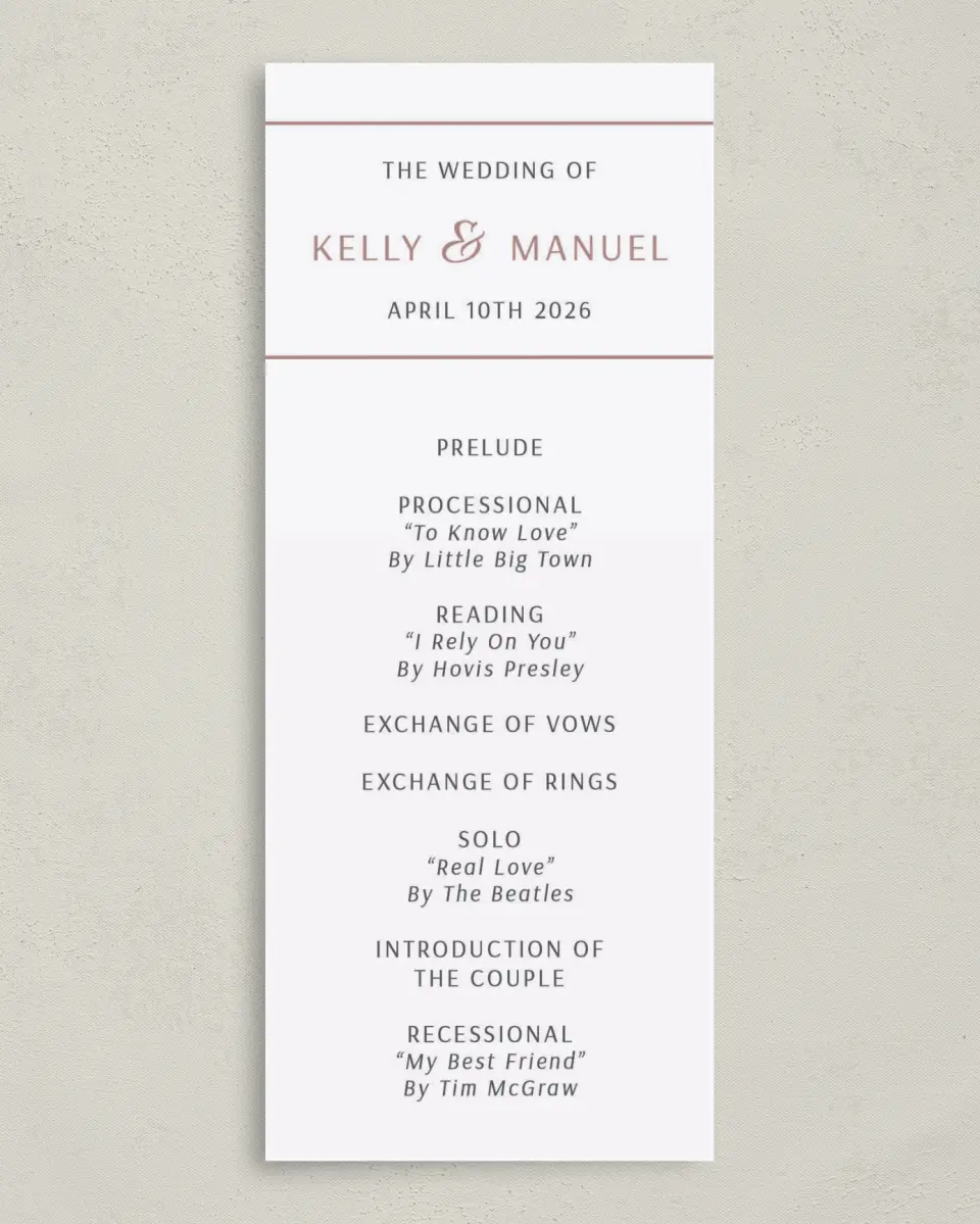 This is a 3⅝" x 8⅞" Tea-length Wedding Program called Expansive Line printed in full color on Premium Smooth paper