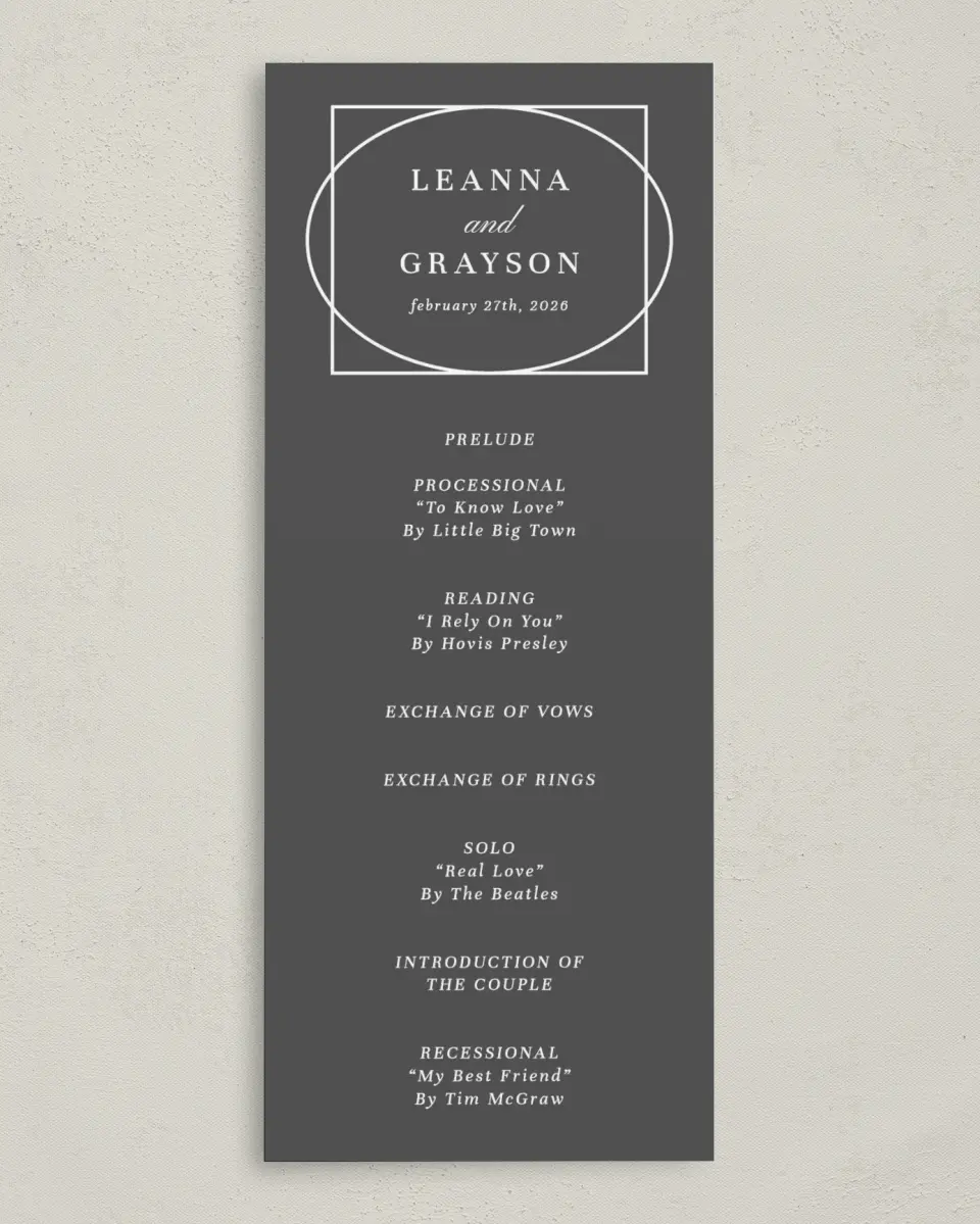This is a 3⅝" x 8⅞" Tea-length Wedding Program called Graphic Enclosure printed in full color on Premium Smooth paper
