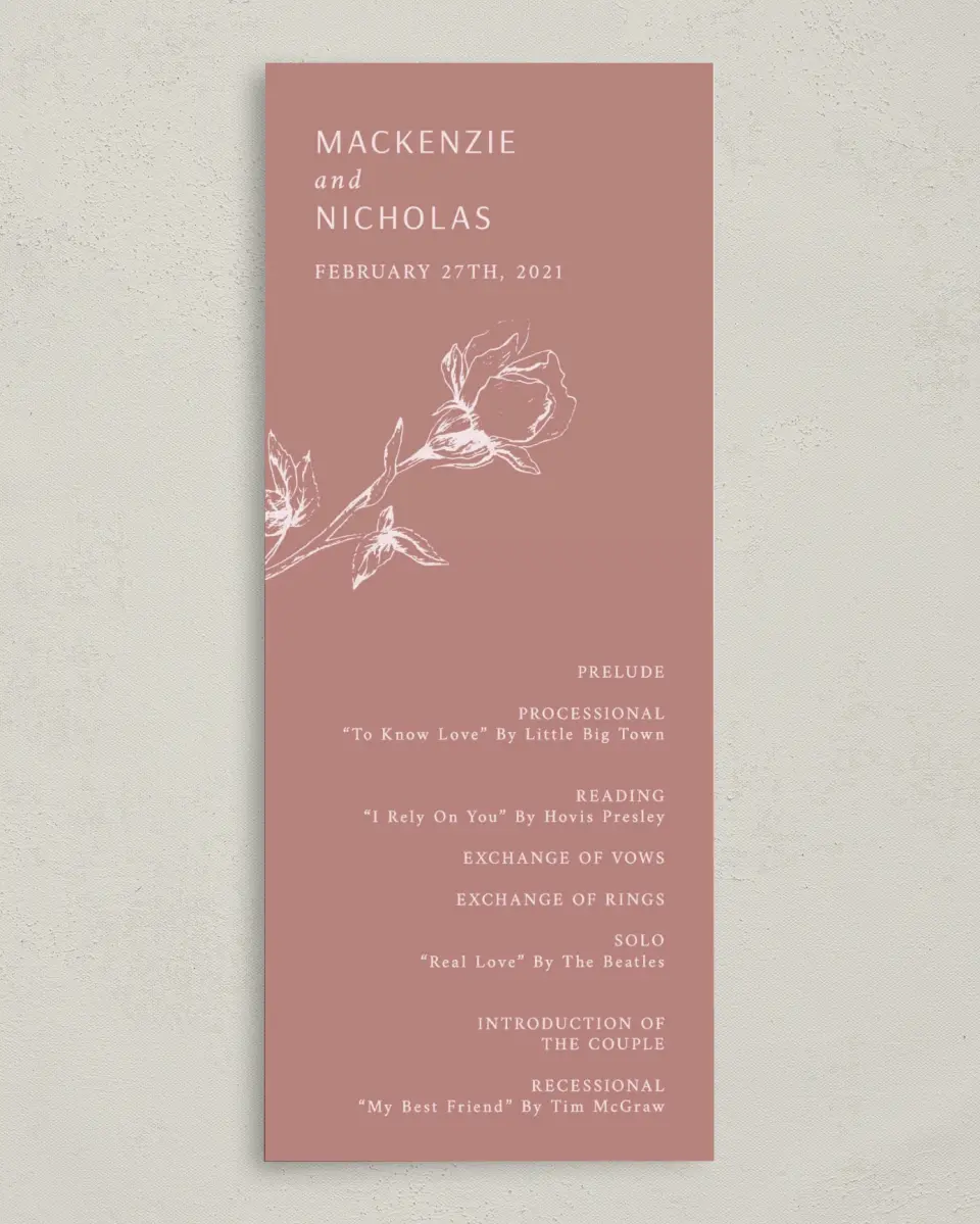 This is a 3⅝" x 8⅞" Tea-length Wedding Program called Blooming Bud printed in full color on Premium Smooth paper