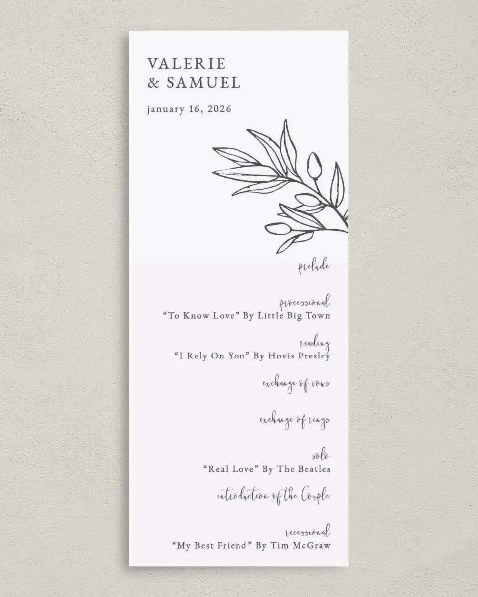 This is a 3⅝" x 8⅞" Tea-length Wedding Program called Branch Sketch printed in full color on Premium Smooth paper
