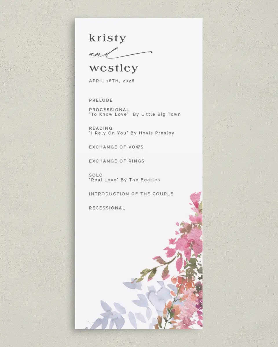 This is a 3⅝" x 8⅞" Tea-length Wedding Program called Blushing Bouquet printed in full color on Premium Smooth paper