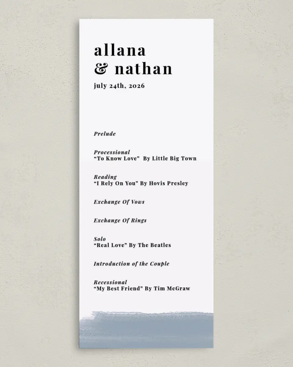 This is a 3⅝" x 8⅞" Tea-length Wedding Program called Favorite Place printed in full color on Premium Smooth paper