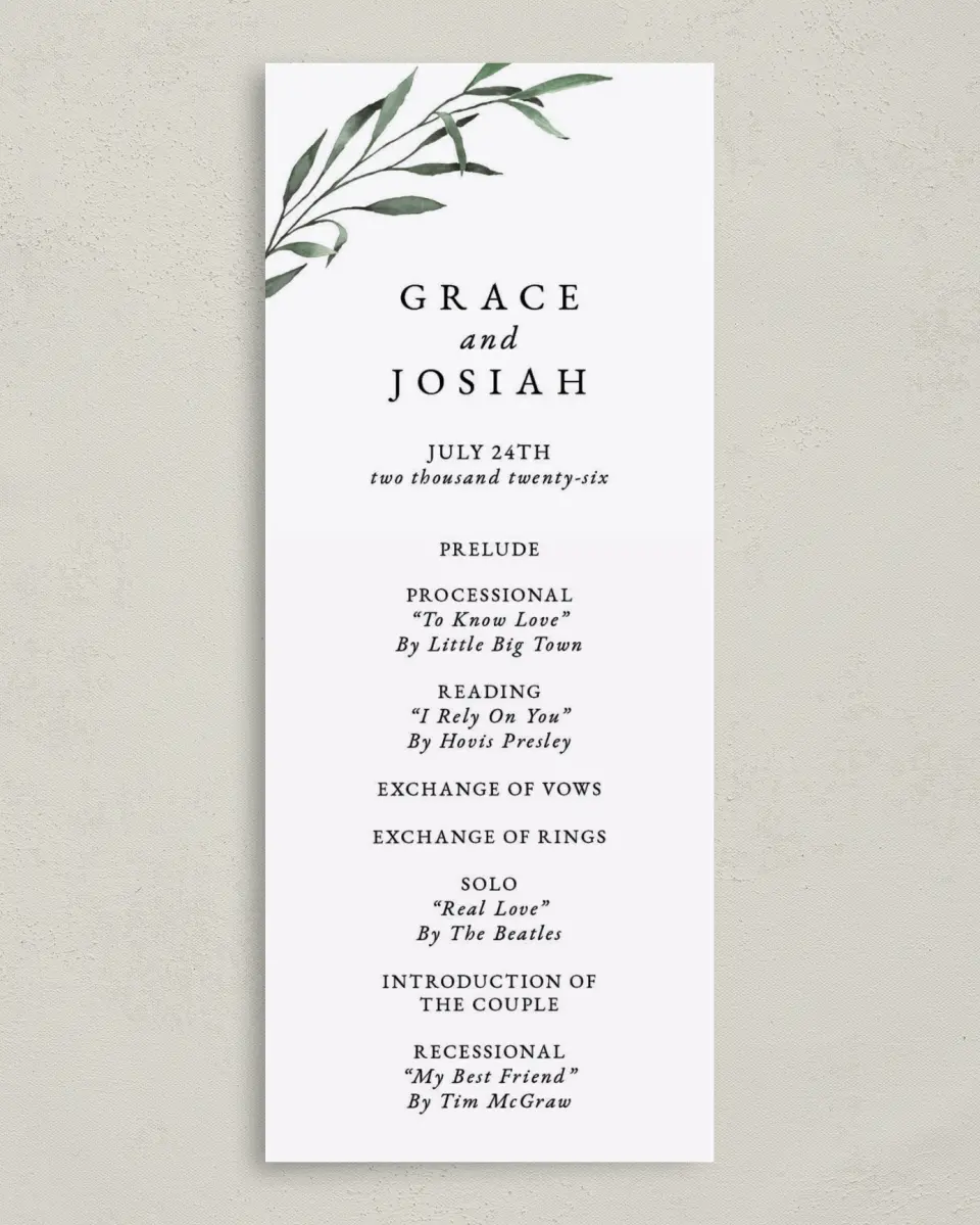 This is a 3⅝" x 8⅞" Tea-length Wedding Program called Tender Twig printed in full color on Premium Smooth paper