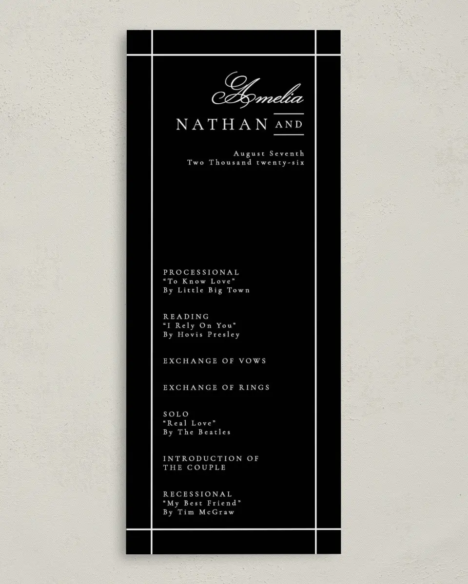 This is a 3⅝" x 8⅞" Tea-length Wedding Program called Modern Trim printed in full color on Premium Smooth paper