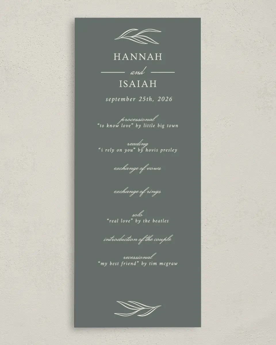 This is a 3⅝" x 8⅞" Tea-length Wedding Program called Whisper Twig printed in full color on Premium Smooth paper