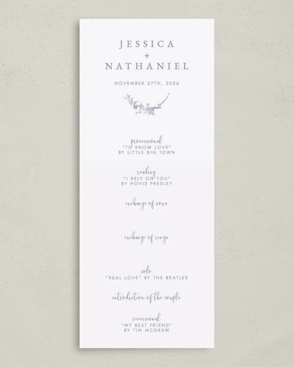 This is a 3⅝" x 8⅞" Tea-length Wedding Program called Dainty Wreath printed in full color on Premium Smooth paper
