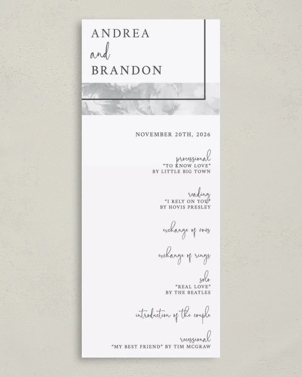 This is a 3⅝" x 8⅞" Tea-length Wedding Program called Joined Lines printed in full color on Premium Smooth paper