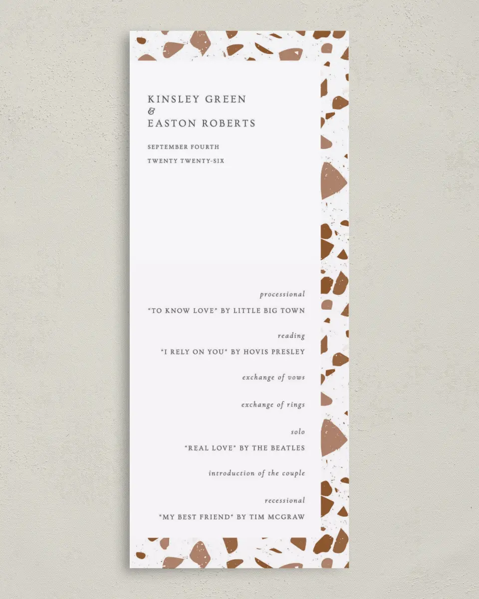 This is a 3⅝" x 8⅞" Tea-length Wedding Program called Cornerstone of Love printed in full color on Premium Smooth paper