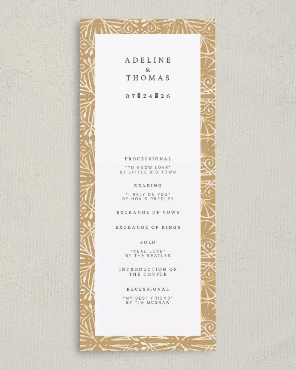 This is a 3⅝" x 8⅞" Tea-length Wedding Program called Decorated Luxury printed in full color on Premium Smooth paper