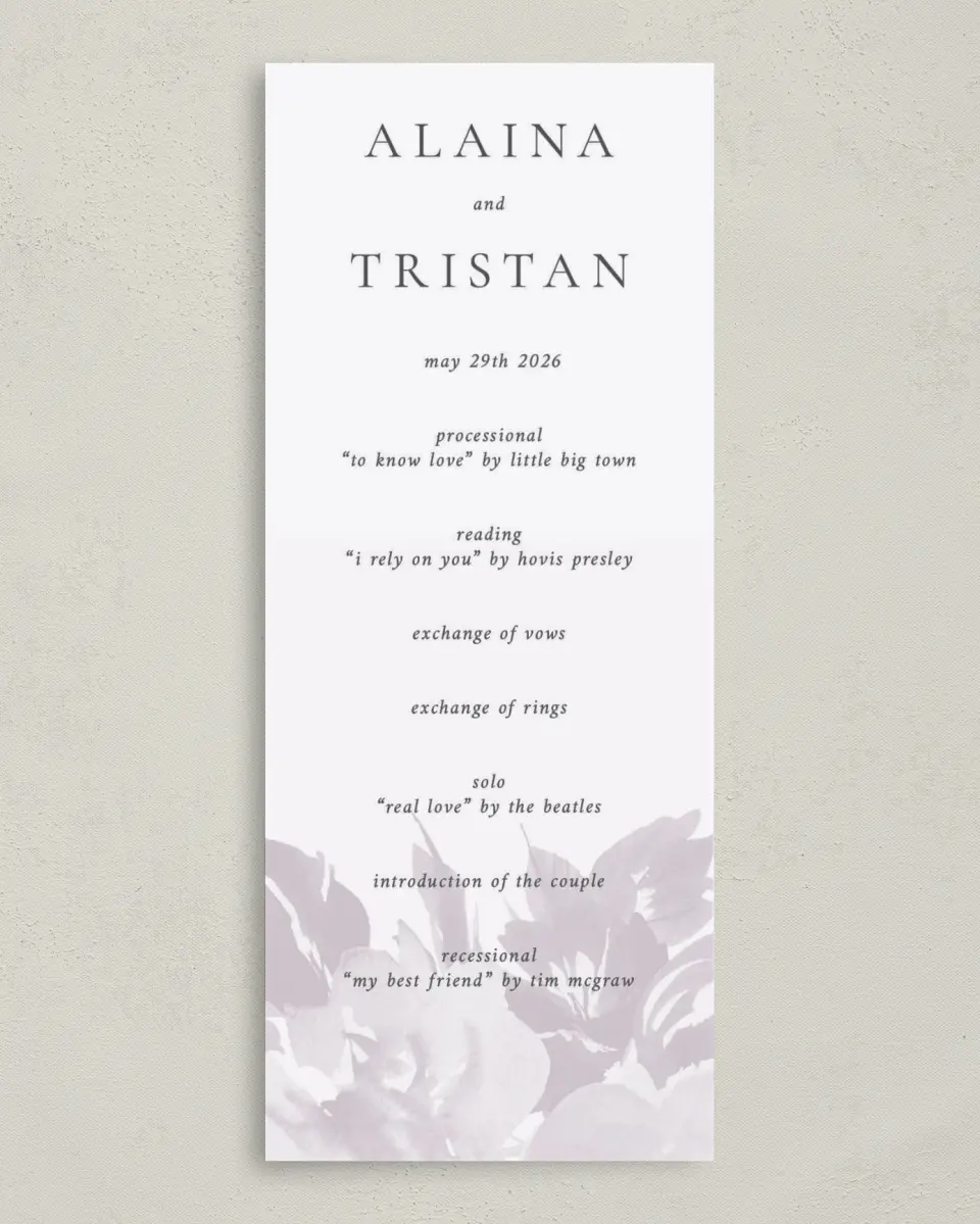 This is a 3⅝" x 8⅞" Tea-length Wedding Program called Floral Burst printed in full color on Premium Smooth paper