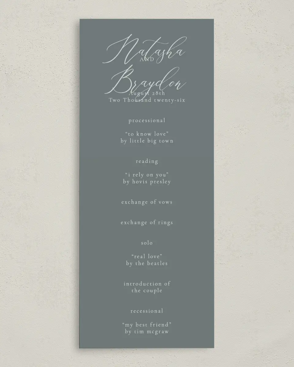 This is a 3⅝" x 8⅞" Tea-length Wedding Program called Timeless Order printed in full color on Premium Smooth paper