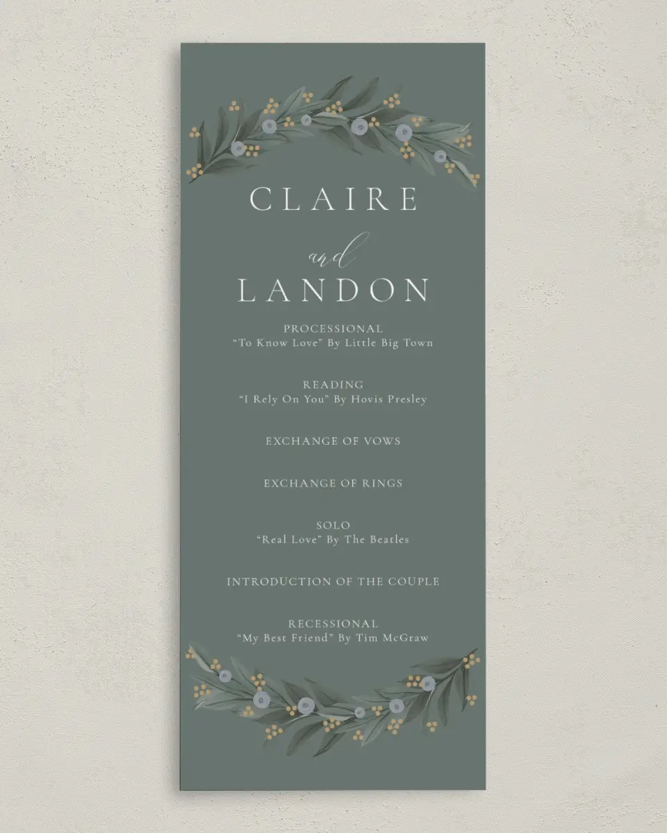 This is a 3⅝" x 8⅞" Tea-length Wedding Program called Majestic Love printed in full color on Premium Smooth paper