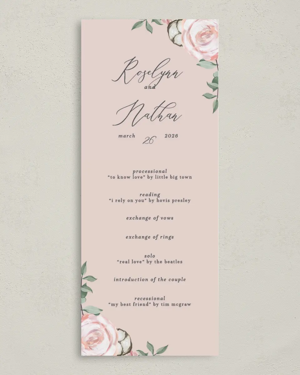 This is a 3⅝" x 8⅞" Tea-length Wedding Program called Soft Rose printed in full color on Premium Smooth paper