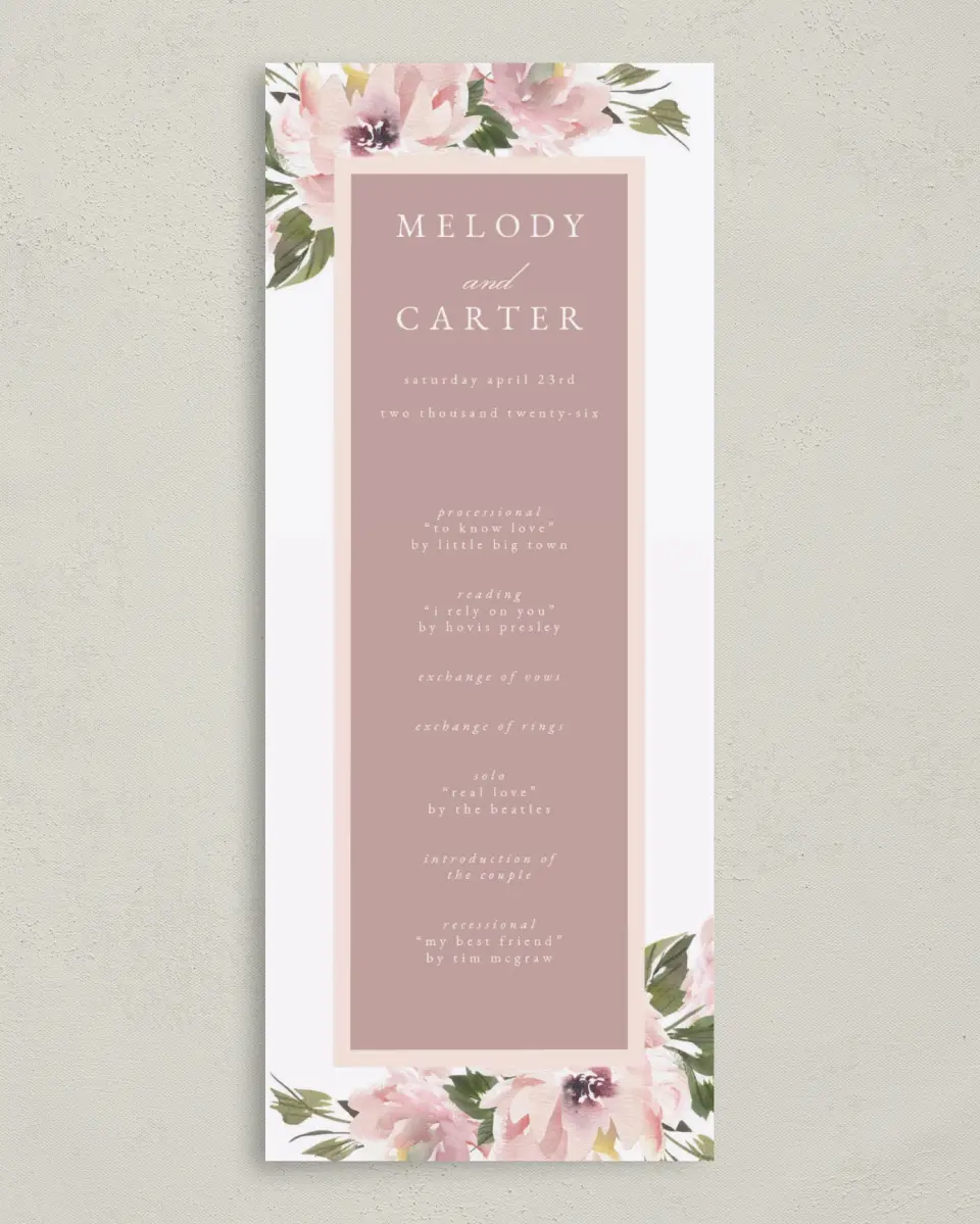 This is a 3⅝" x 8⅞" Tea-length Wedding Program called Sweet Floral printed in full color on Premium Smooth paper