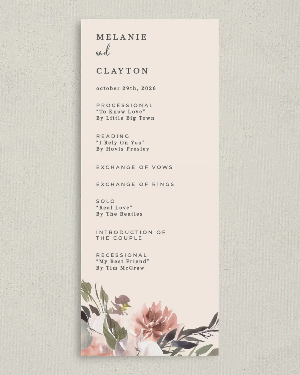This is a 3⅝" x 8⅞" Tea-length Wedding Program called Natural Love printed in full color on Premium Smooth paper