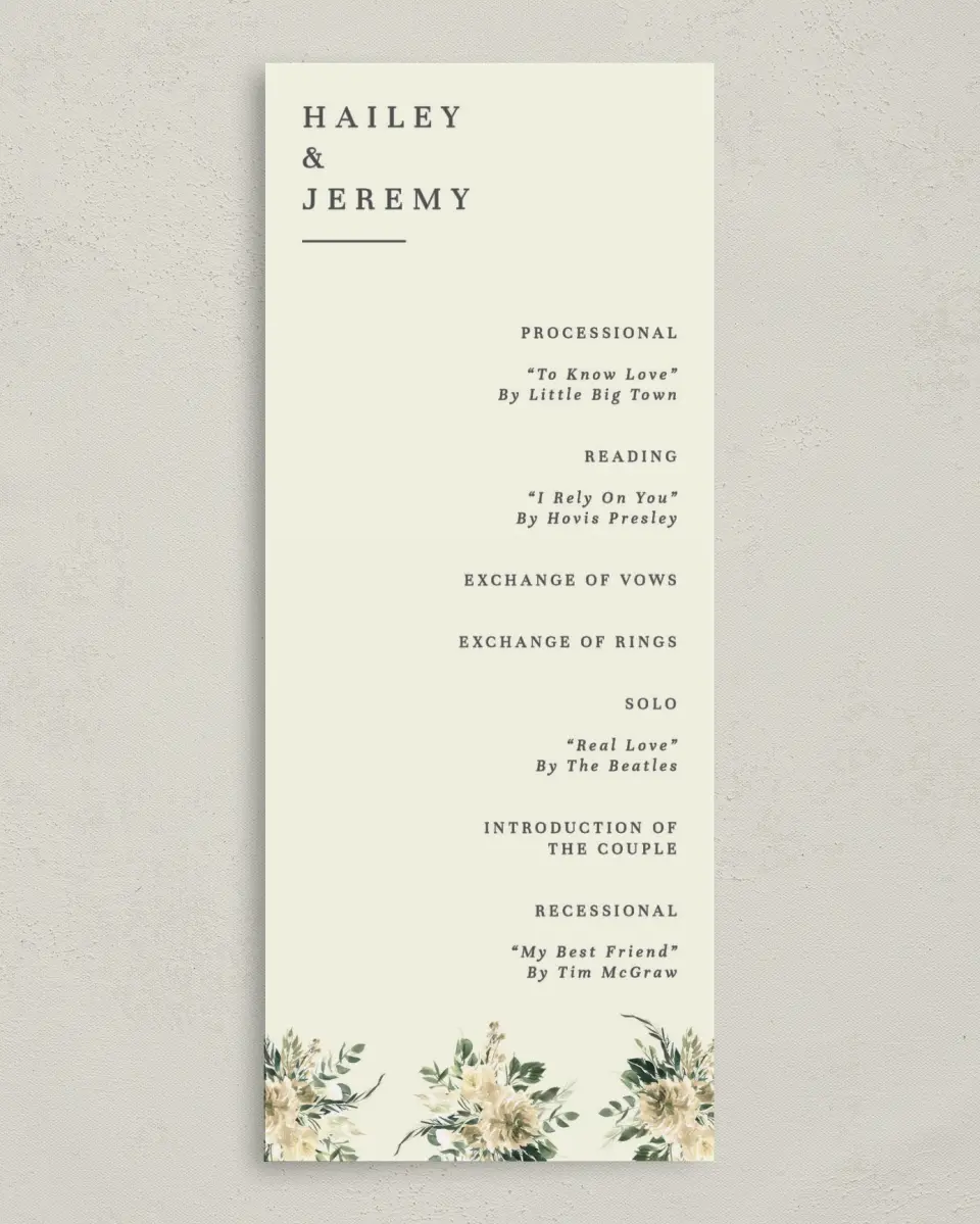 This is a 3⅝" x 8⅞" Tea-length Wedding Program called Honest Bouquet printed in full color on Premium Smooth paper