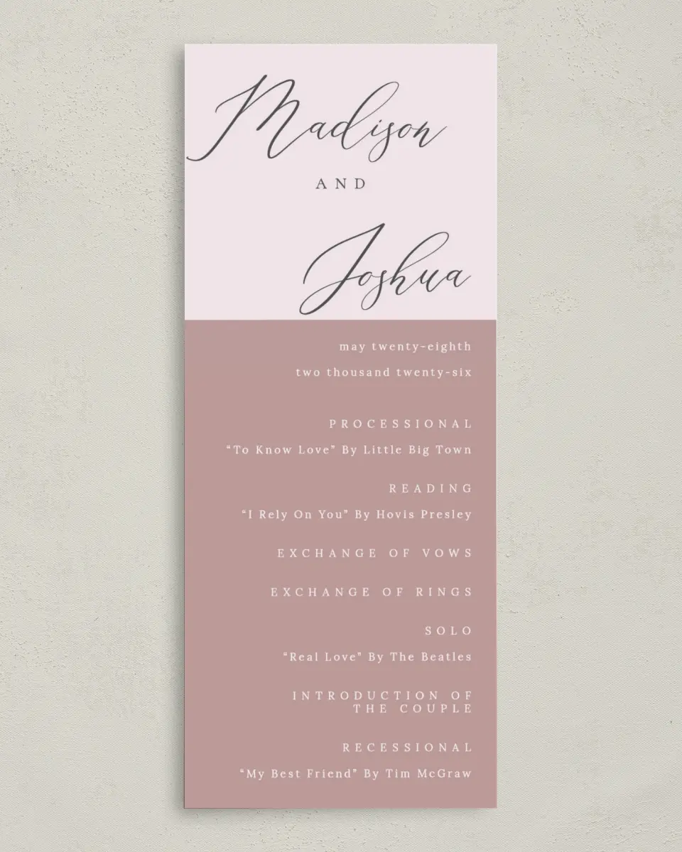 This is a 3⅝" x 8⅞" Tea-length Wedding Program called Natural Floral printed in full color on Premium Smooth paper