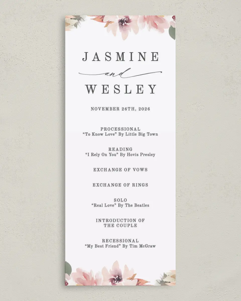 This is a 3⅝" x 8⅞" Tea-length Wedding Program called Natural Floral printed in full color on Premium Smooth paper