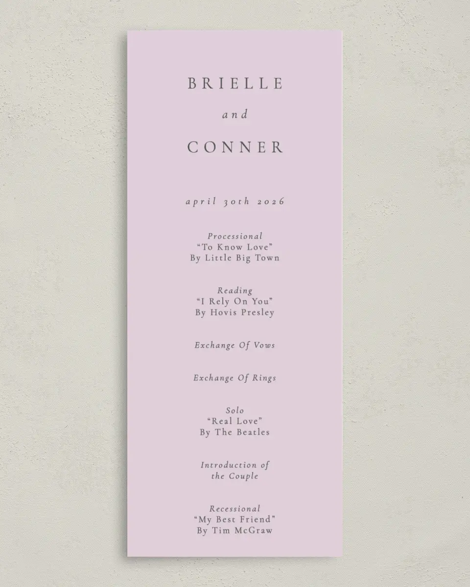 This is a 3⅝" x 8⅞" Tea-length Wedding Program called Modest Moment printed in full color on Premium Smooth paper