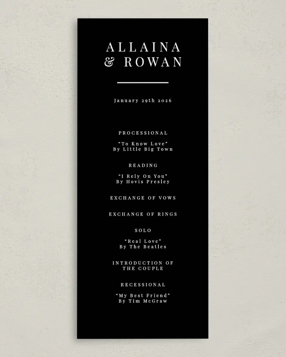 This is a 3⅝" x 8⅞" Tea-length Wedding Program called Pure Devotion printed in full color on Premium Smooth paper
