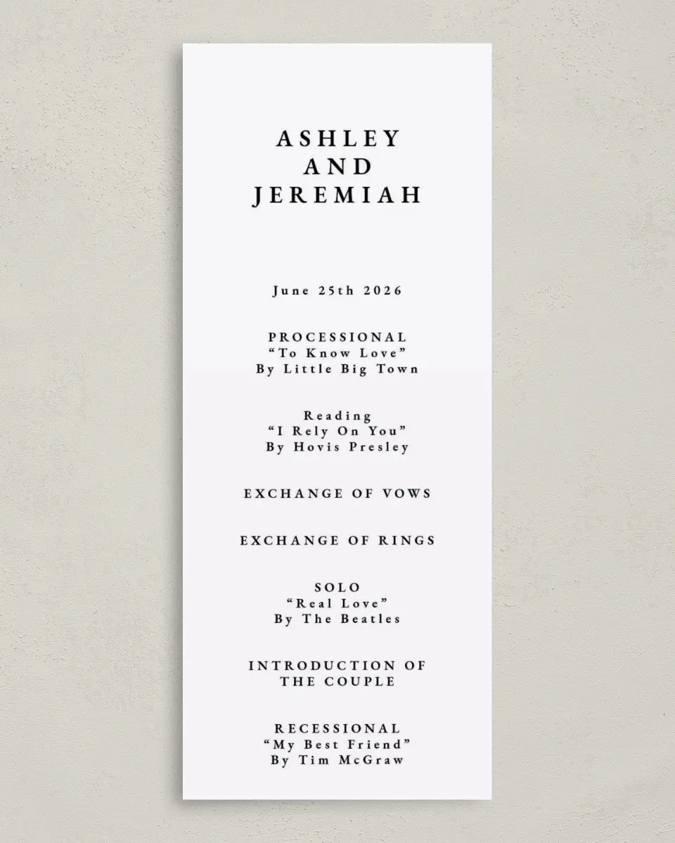 This is a 3⅝" x 8⅞" Tea-length Wedding Program called Simple Drama printed in full color on Premium Smooth paper