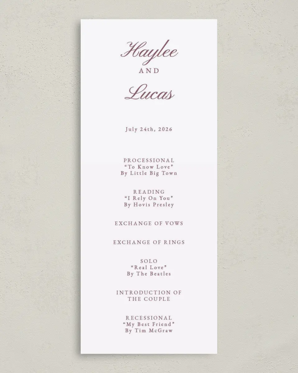 This is a 3⅝" x 8⅞" Tea-length Wedding Program called Quietly Quaint printed in full color on Premium Smooth paper