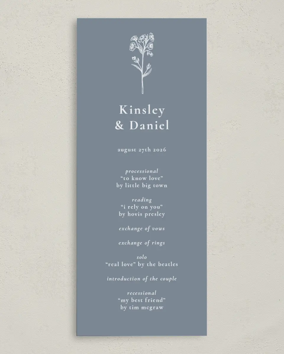 This is a 3⅝" x 8⅞" Tea-length Wedding Program called Fine Floret printed in full color on Premium Smooth paper