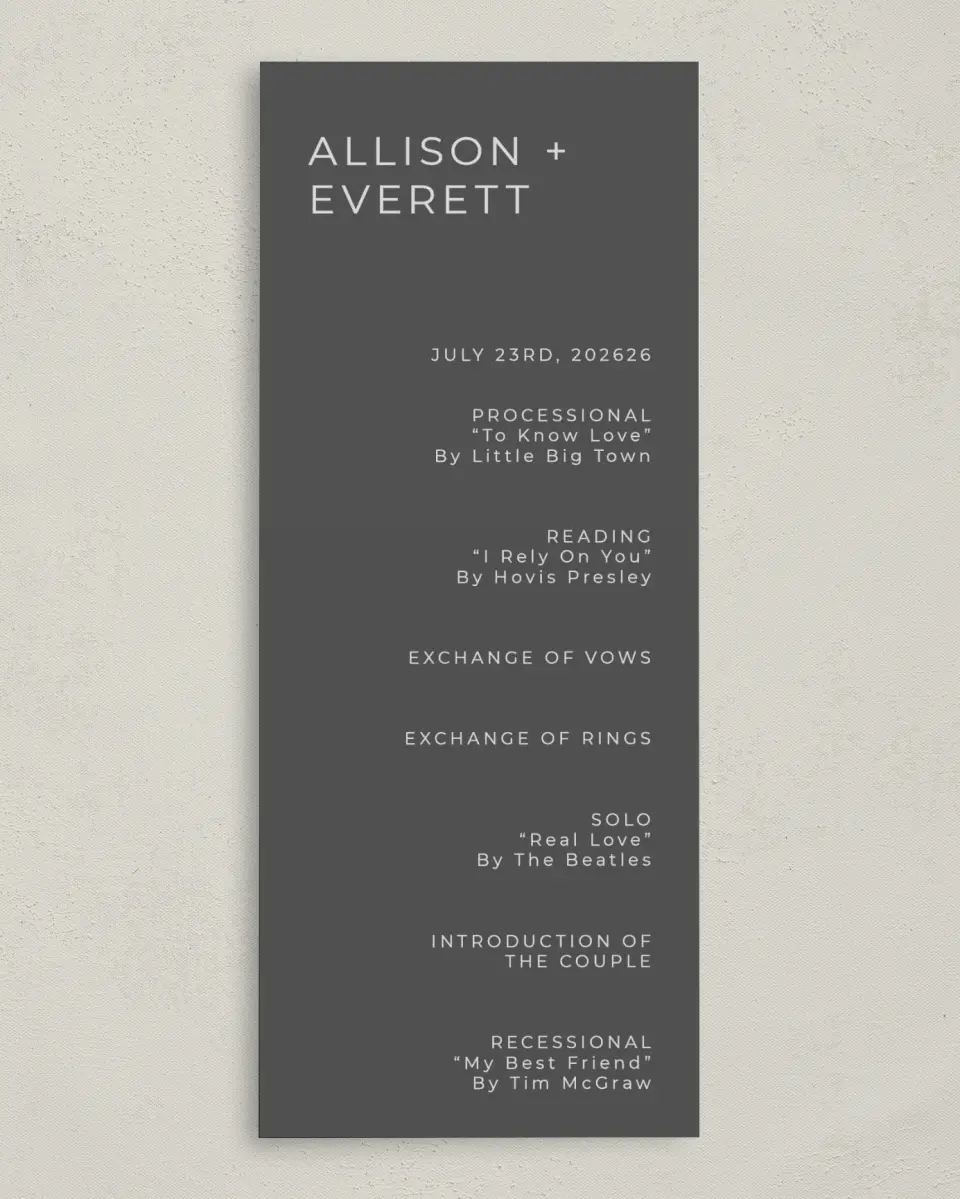This is a 3⅝" x 8⅞" Tea-length Wedding Program called Initial Hush printed in full color on Premium Smooth paper