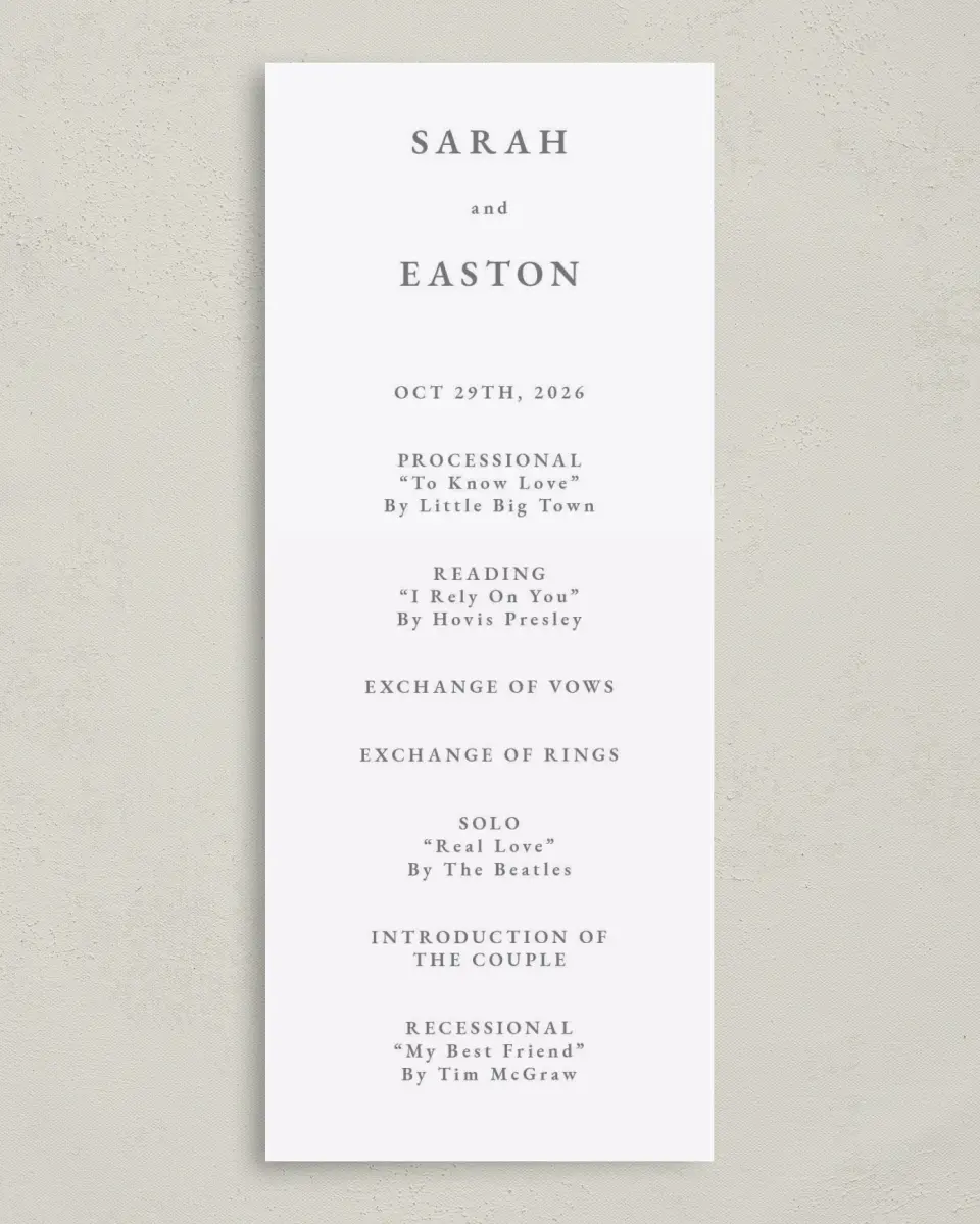 This is a 3⅝" x 8⅞" Tea-length Wedding Program called Heavenly Harmony printed in full color on Premium Smooth paper