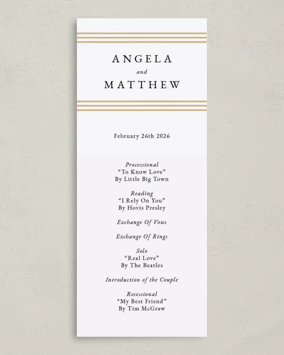 This is a 3⅝" x 8⅞" Tea-length Wedding Program called Charming Arch printed in full color on Premium Smooth paper
