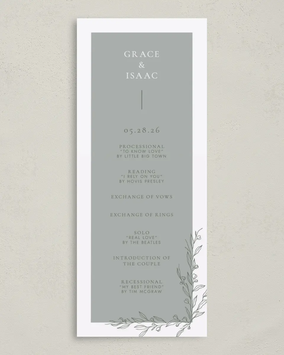 This is a 3⅝" x 8⅞" Tea-length Wedding Program called Sweet & Neat printed in full color on Premium Smooth paper
