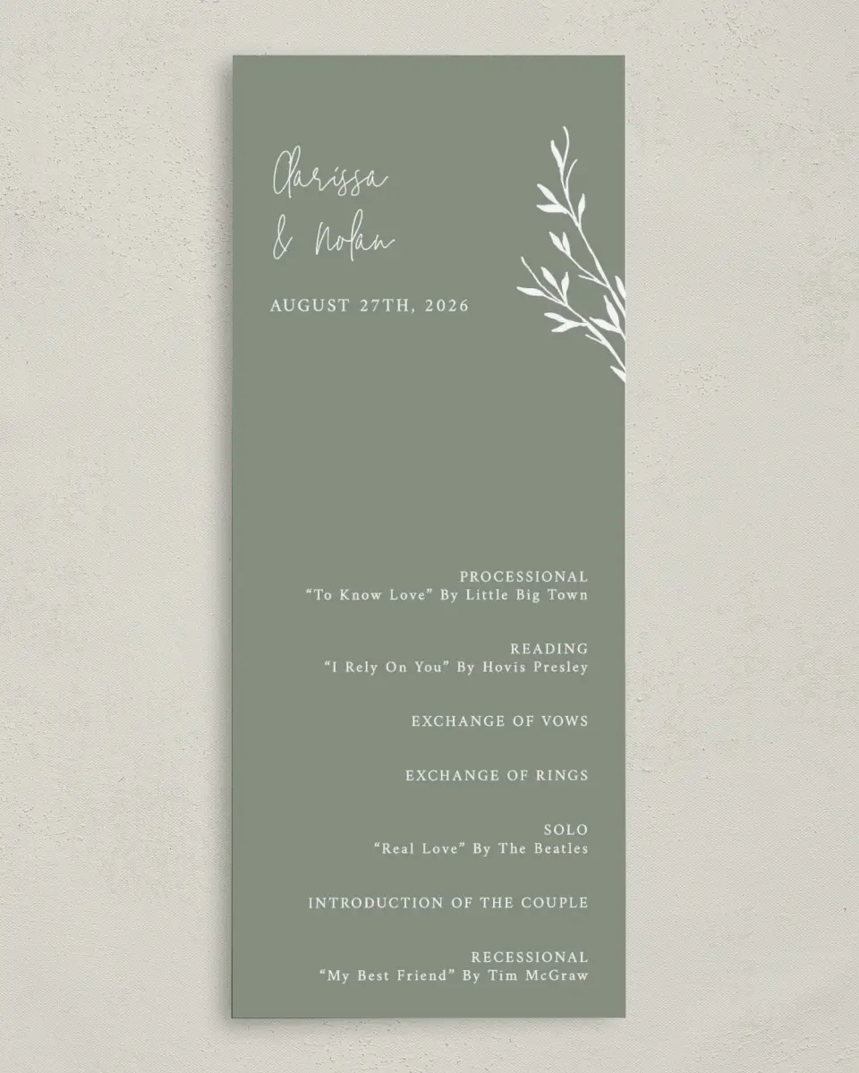 This is a 3⅝" x 8⅞" Tea-length Wedding Program called Bright Greens printed in full color on Premium Smooth paper