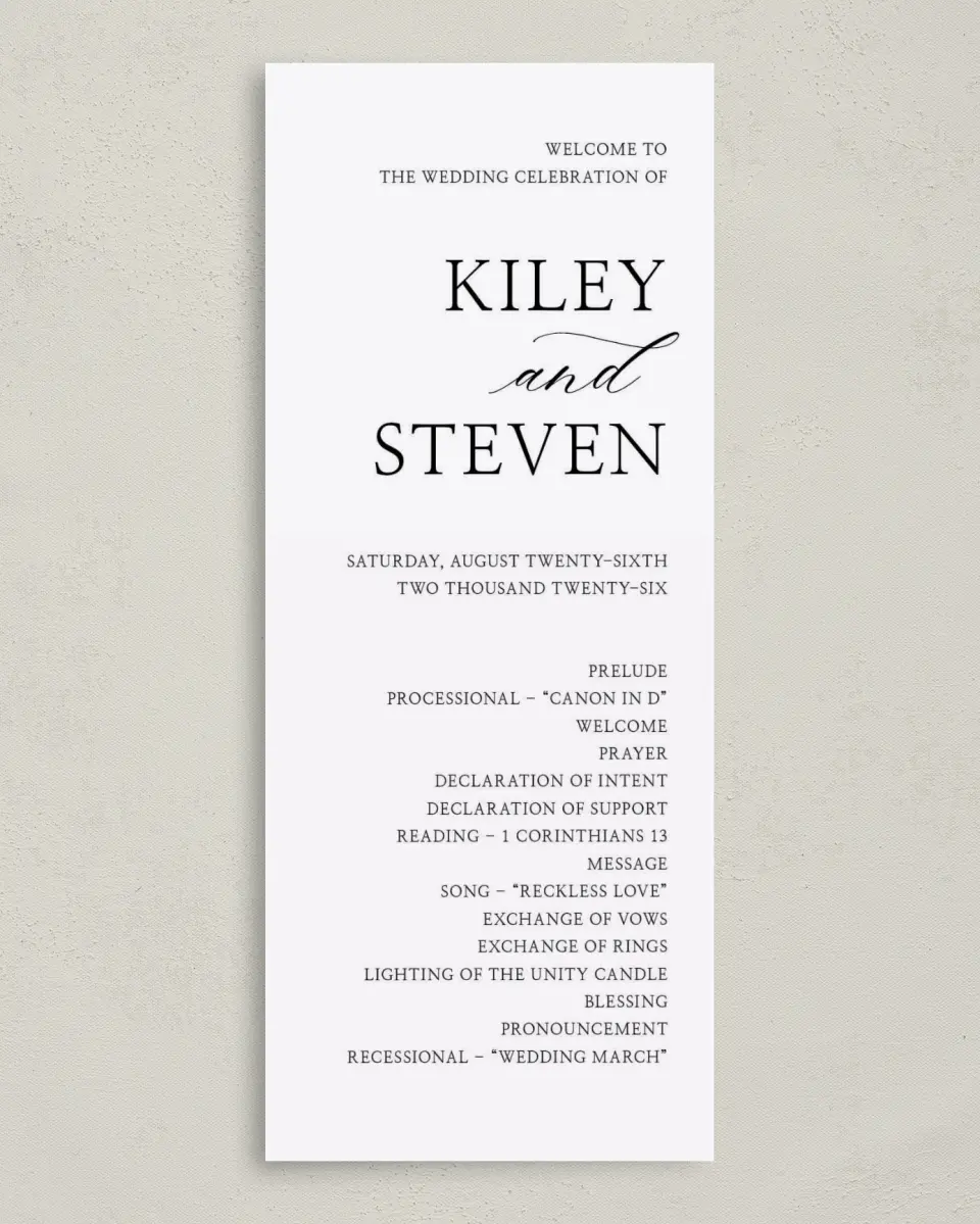 This is a 3⅝" x 8⅞" Tea-length Wedding Program called Bold Composition printed in full color on Premium Smooth paper
