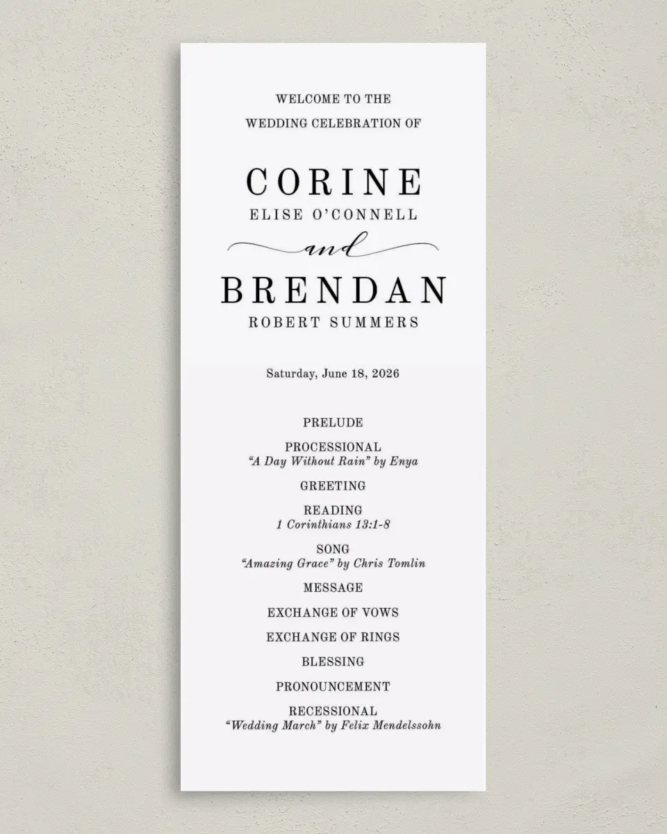 This is a 3⅝" x 8⅞" Tea-length Wedding Program called Classy Type printed in full color on Premium Smooth paper