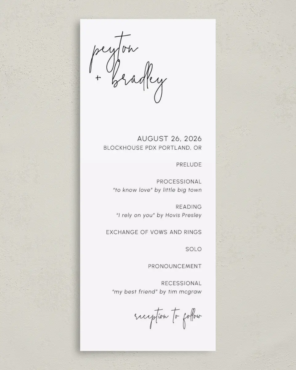 This is a 3⅝" x 8⅞" Tea-length Wedding Program called Mod Aesthetic printed in full color with Gold foil on Luxe Satin (coated) paper