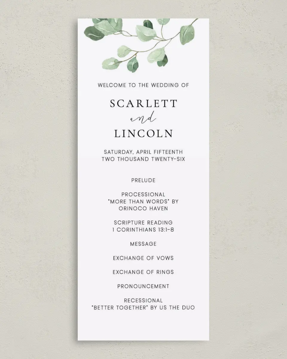 This is a 3⅝" x 8⅞" Tea-length Wedding Program called Sweet Greenery printed in full color on Premium Smooth paper