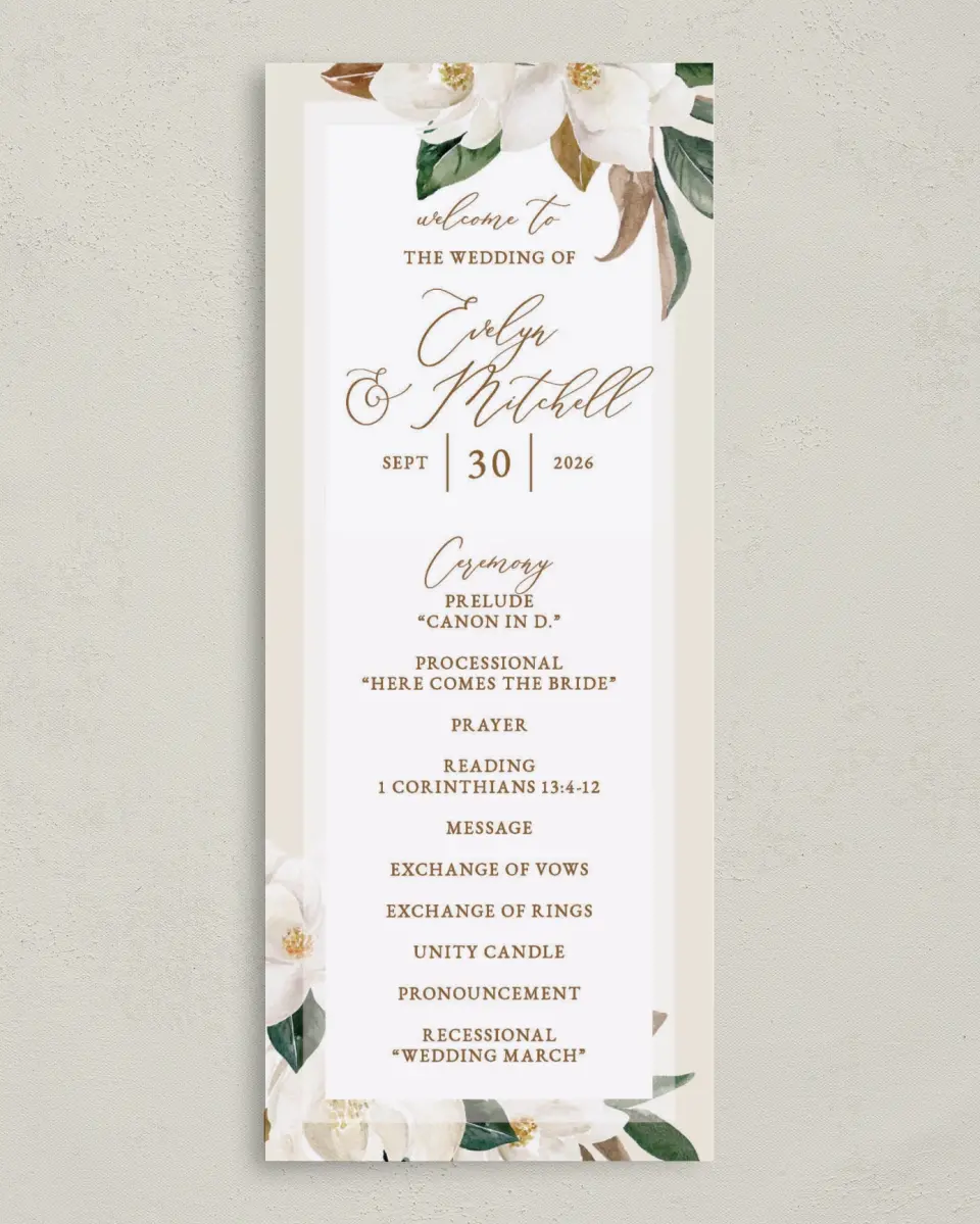 This is a 3⅝" x 8⅞" Tea-length Wedding Program called Soft Magnolia printed in full color on Premium Smooth paper