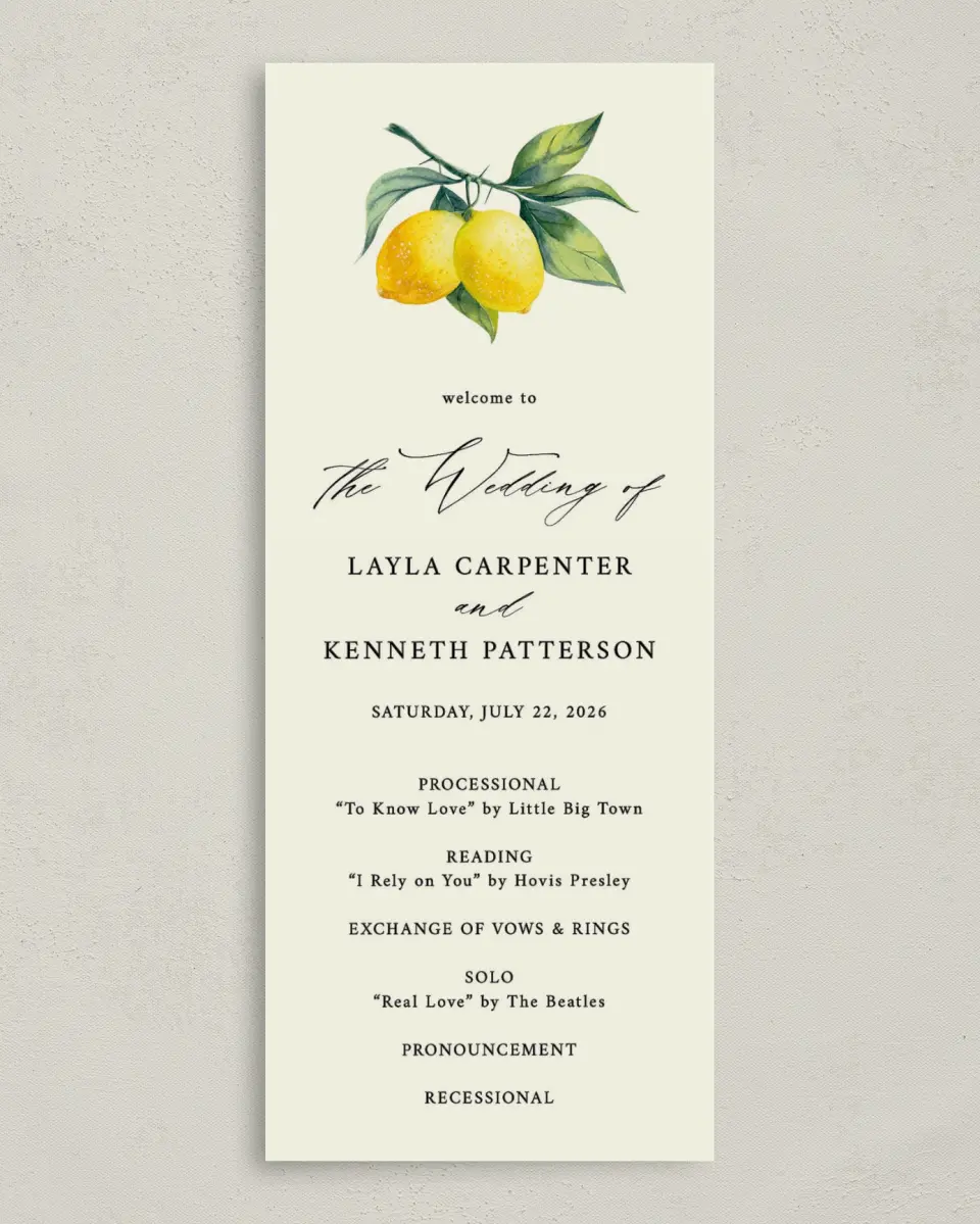 This is a 3⅝" x 8⅞" Tea-length Wedding Program called Antique Lemon printed in full color on Premium Smooth paper