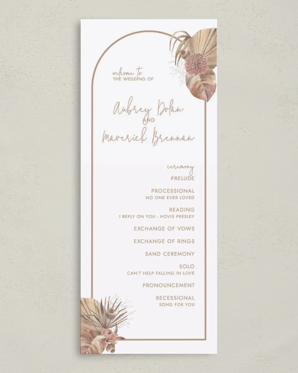 This is a 3⅝" x 8⅞" Tea-length Wedding Program called Boho Blooms printed in full color on Premium Smooth paper