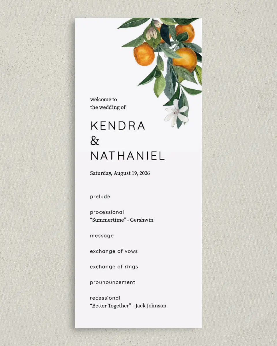 This is a 3⅝" x 8⅞" Tea-length Wedding Program called Mod Citrus printed in full color on Premium Smooth paper
