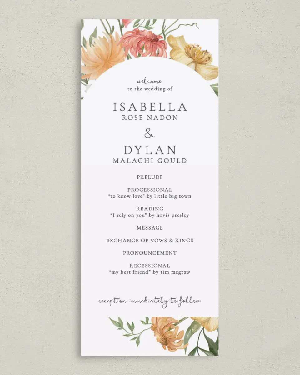 This is a 3⅝" x 8⅞" Tea-length Wedding Program called Secluded Blooms printed in full color on Premium Smooth paper