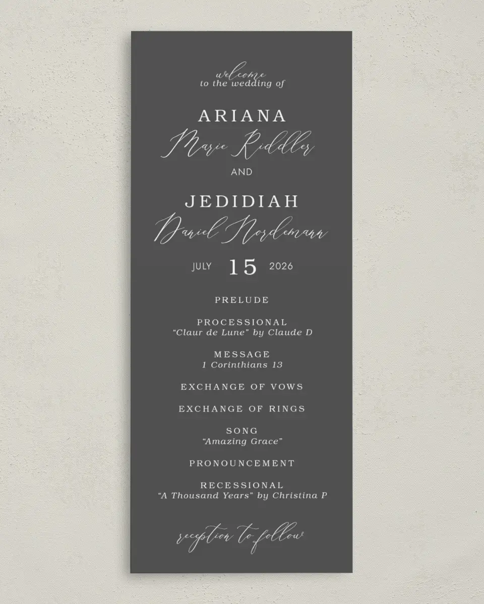 This is a 3⅝" x 8⅞" Tea-length Wedding Program called Flawless Photo printed in full color on Premium Smooth paper