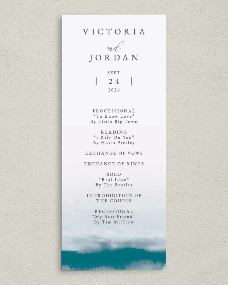 This is a 3⅝" x 8⅞" Tea-length Wedding Program called Shore Impression printed in full color on Premium Smooth paper